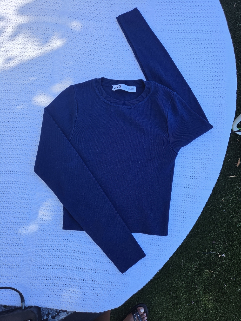 Zara Navy Crewneck Ribbed-Applique Sweater